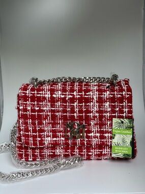 Badgley Mischka Red and White Tweed Chain Crossbody Bag NWT